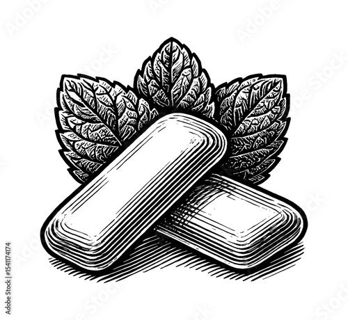 Engraved Illustration of Gum and Mint Leaves in Black and White Style Close Up