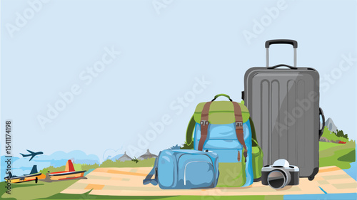 Illustration of travel luggage including a suitcase backpack and camera with boats and plane