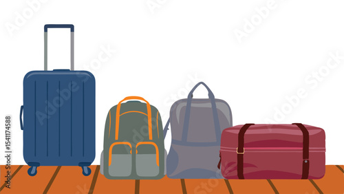 Various luggage types including a suitcase, backpack, duffel bag and tote bag on a wooden floor