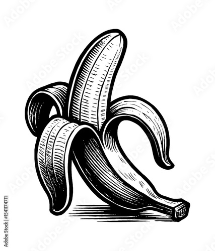 Engraved Black and White Illustration of a Peeled Banana on White Background
