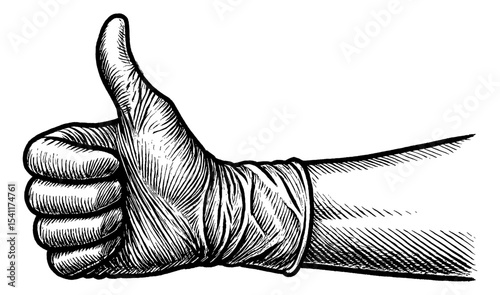 Engraved Hand Gesture Thumbs Up with Medical Glove Illustration