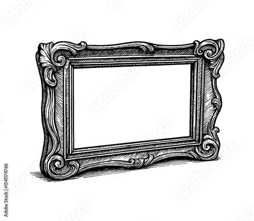 Vintage Ornate Frame with Detailed Engraving, Empty Space for Picture, Black and White