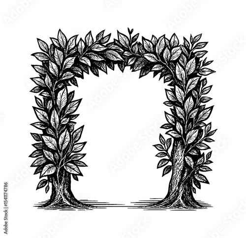Engraved Illustration of an Archway Made of Trees and Leaves on White Background