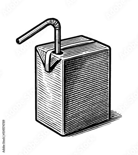 Illustration of a drink box with a straw in black and white detailed line art