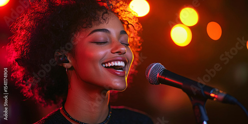 A young woman passionately sings into a microphone during a concert.