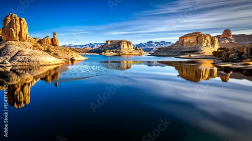 Serene desert lake reflects majestic rock formations under a vibrant blue sky