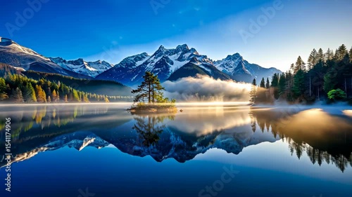 Serene mountain lake reflects majestic peaks at dawn, shrouded in ethereal mist.