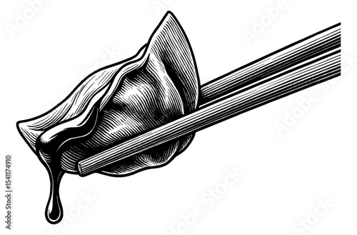 Engraved illustration of dumpling being held by chopsticks dripping sauce