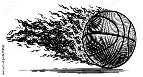 Engraved Basketball with Flames in Black and White Detailed Engraving Style Illustration