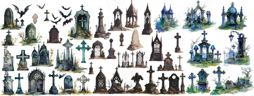 gothic cemeteries watercolor clipart | gothic cemeteries clipart for graphic resources