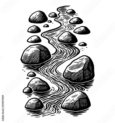 Engraved illustration of a river stream with stones in black and white drawing style