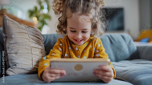 Child excitedly using a fun interactive brushing app on a tablet engaging home setting