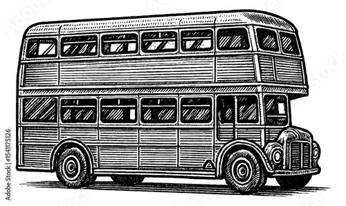 Detailed Engraving Illustration of a Classic Double Decker Bus in Black and White