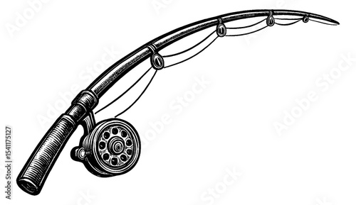 Detailed Engraving of a Fishing Rod on White Background Angling Equipment