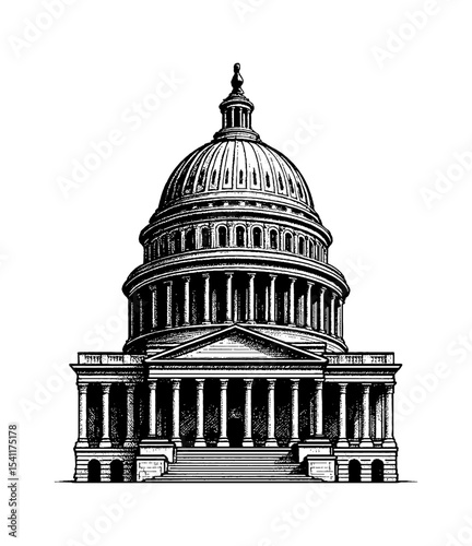 Illustration of US Capitol Building with Dome, Columns and Stairs in Black and White Engrave Style
