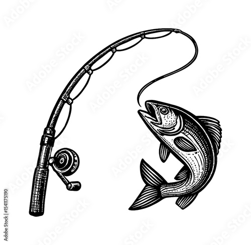 Engraved illustration of a fishing rod catching a fish, vintage style and isolated on white.