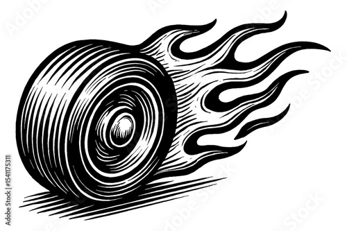 Engraved Style Illustration of a Tire with Flames Black and White Vector