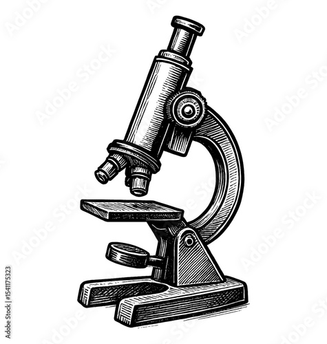 Microscope vector illustration, detailed scientific equipment in black and white engraving style.