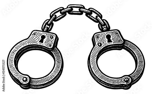 Handcuffs Chains Black and White Engraved Illustration Style, Symbol of Law Enforcement and Security