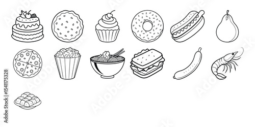 Collection of line art food drawings cakes pizza noodles and more