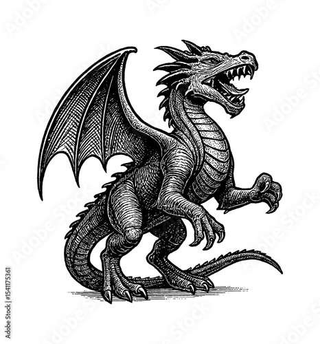Detailed Black and White Engraving of a Dragon with Wings Open and Mouth Open