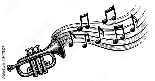 Illustration of trumpet with musical notes in black and white vintage detailed engraving style