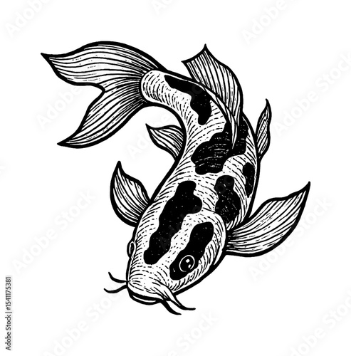 Koi Fish Swimming with Detailed Black and White Engraving Style on White Background