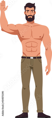 Muscular man with beard waving hand in casual pants and shoes vector illustration for lifestyle and fitness concepts 