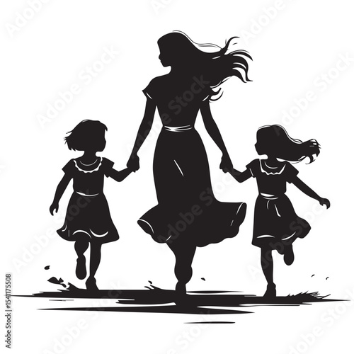 Silhouette of mother and two daughters walking