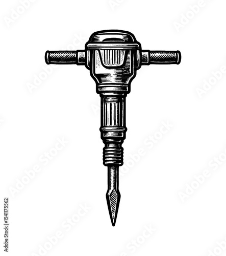 Black and white vector illustration of a jackhammer on white background, engraving style