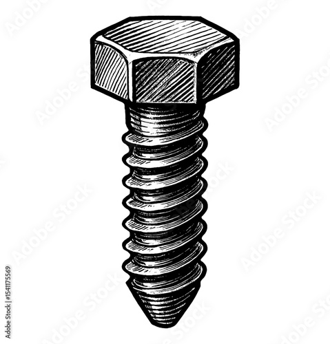 Detailed Illustration of Metal Screw, Hex Head Bolt with Helical Thread Engraving Style