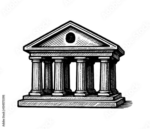 Illustration of a classical building with columns in black and white engraving style art