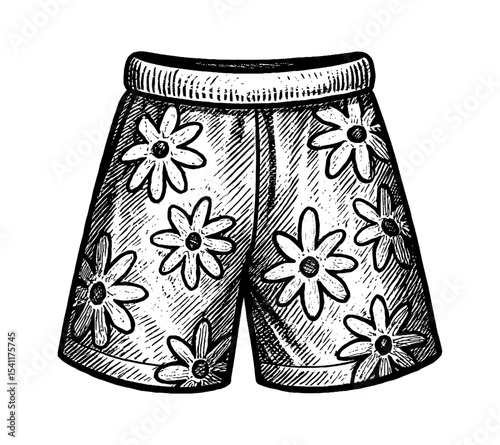 Illustration of Summer Shorts with Floral Pattern in Black and White Engraving Style
