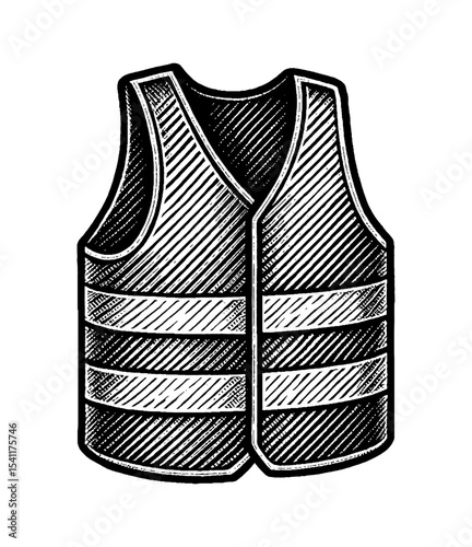 High Visibility Safety Vest in Black and White Engraved Style Illustration