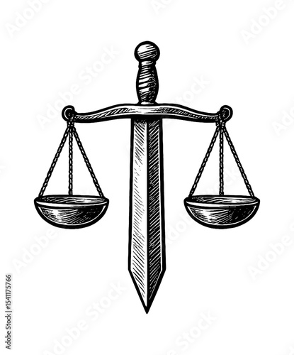 Scale and Sword Symbol of Justice and Law Engraved in Detailed Black and White Line Art Drawing