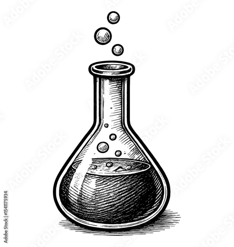 Hand Drawn Erlenmeyer Flask with Bubbles Black and White Vector Illustration Isolated