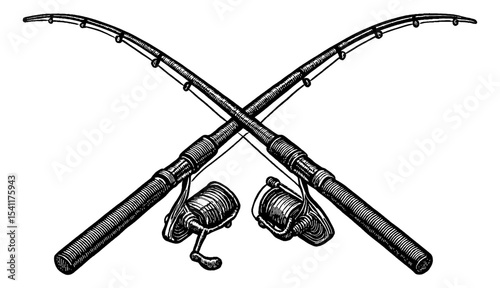 Crossed fishing rods and reels in detailed engraving style on a white background
