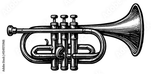 Engraved illustration of a trumpet isolated on white background, viewed from side, old detailed black and white line art drawing