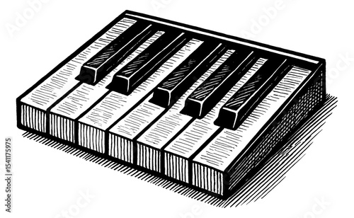 Close up Detailed Black and White Piano Keys Engraving Illustration
