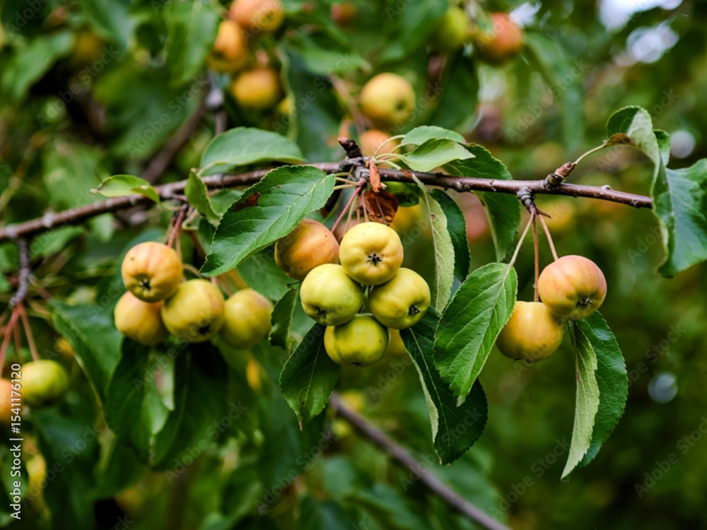 Obraz premium Ripe yellow crab apples, Malus, hanging on a tree branch
