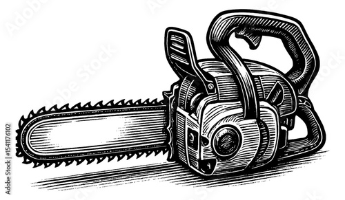 Detailed Black and White Engraving Illustration of a Chainsaw Side View