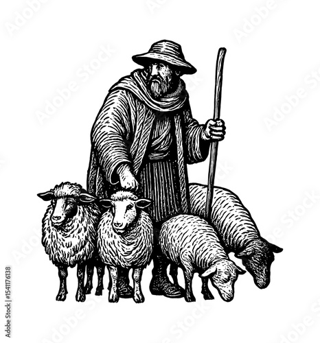 Shepherd and Sheep Illustration in Vintage Detailed Black and White Outline Line Art Drawing