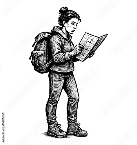 Young Caucasian Woman Hiker Reads Map with Backpack in Black and White Line Art