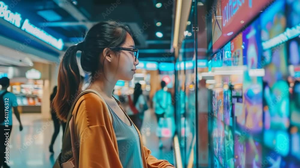 Asian Woman Using Digital Kiosk in Mall. Asian Woman Using Digital Kiosk in Mall.