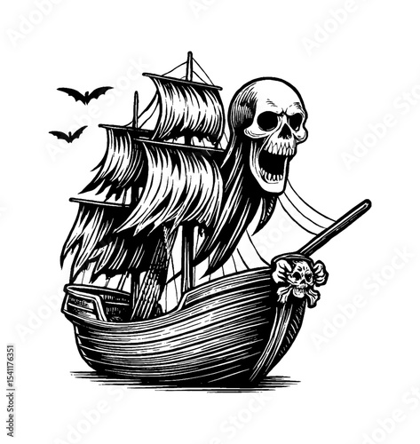 Skull ship with bats and skull figurehead in black and white woodcut style drawing
