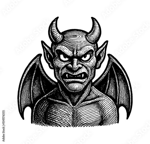 Angry Devil with Horns and Wings Black and White Detailed Illustration