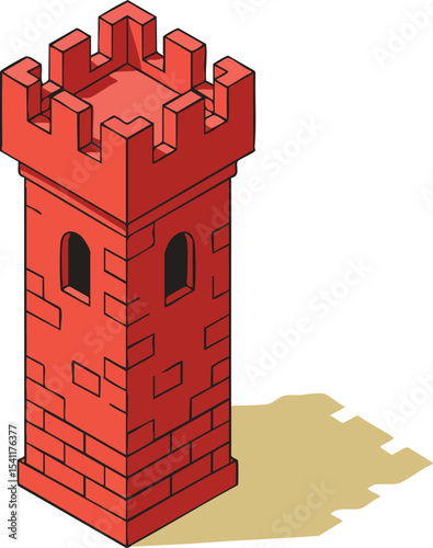 Red castle tower with battlements and shadow in isometric style illustration vector