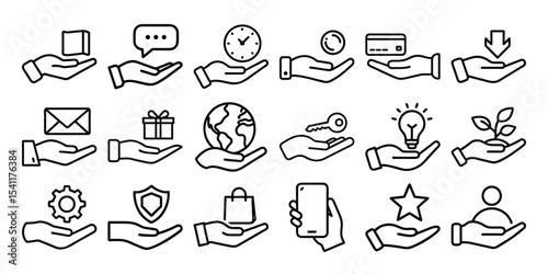 Set of hands holding various icons representing business concepts