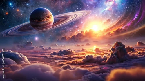 Sunrise Over a Ringed Planet Seen From Above the Clouds in Outer Space