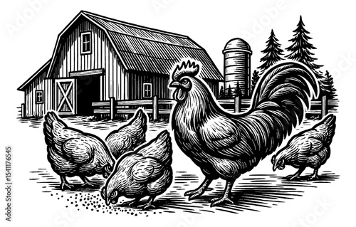 Illustration of Rooster and Hens Feeding Near a Barn and Silo in Black and White